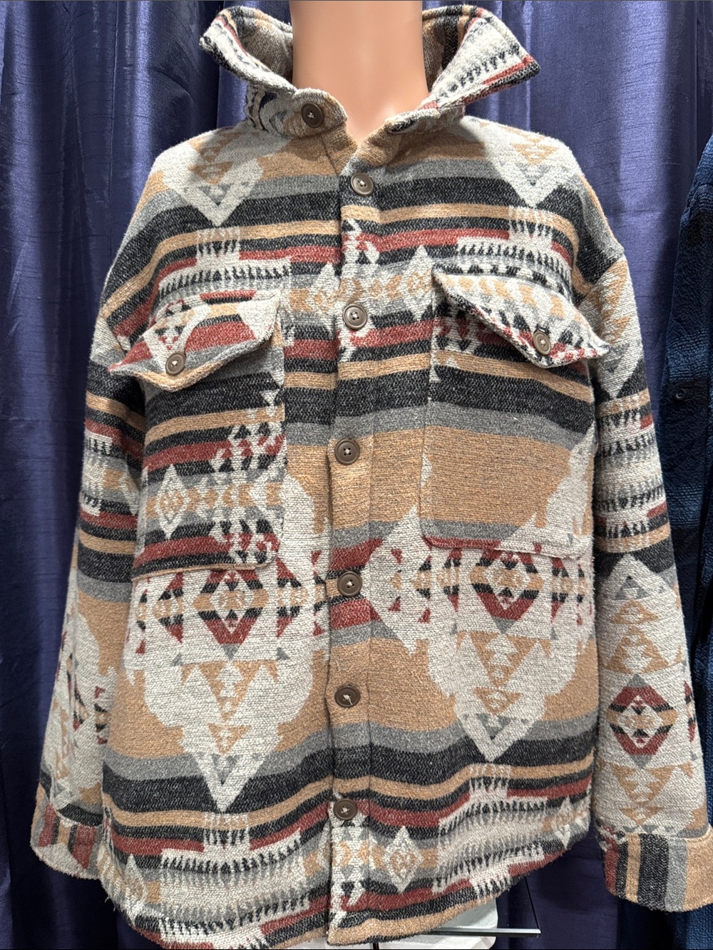 Free Planet Men's Sherpa-Lined Jacket in Tan, Gray & Rust Pattern